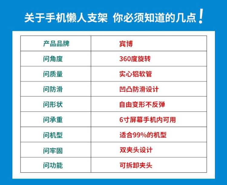 【360°随心转】宾博 懒人手机支架 床头看电视桌面床上用宿舍主播直播多功能万能夹子卡扣