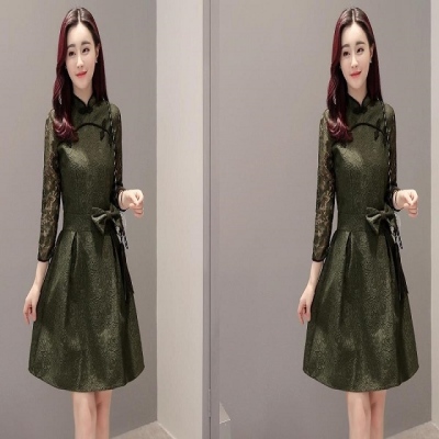 2017春秋季新款复古蕾丝连衣裙女中长款修身盘扣礼服大码改良旗袍民族风连衣裙女夏2新款中国风旗袍中长款
