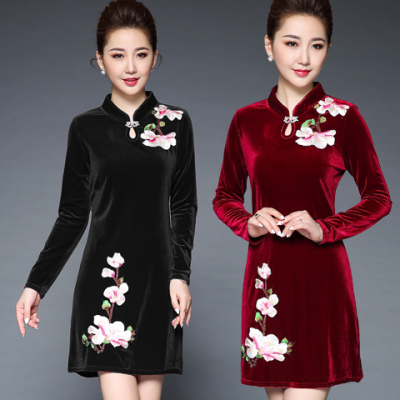 1XL-4XL老妈吉祥2017秋装新款中年中老年女装?#19968;?#38889;国绒旗袍连衣?#23396;?#22920;装大码女装长袖
