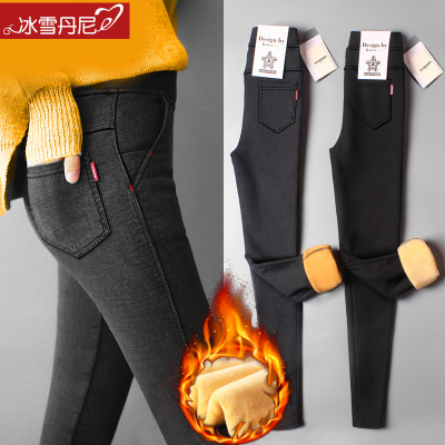 【冰雪丹尼官方正品】不抽丝不掉绒加厚打底裤女裤秋冬季2017新款加绒保暖高腰裤秋冬装大码加绒加厚韩版百搭铅笔裤九分裤紧身