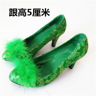 绿色毛球婚鞋女鞋上轿鞋粗跟绿鞋红鞋结婚鞋新娘鞋孕妇伴娘鞋蓝色