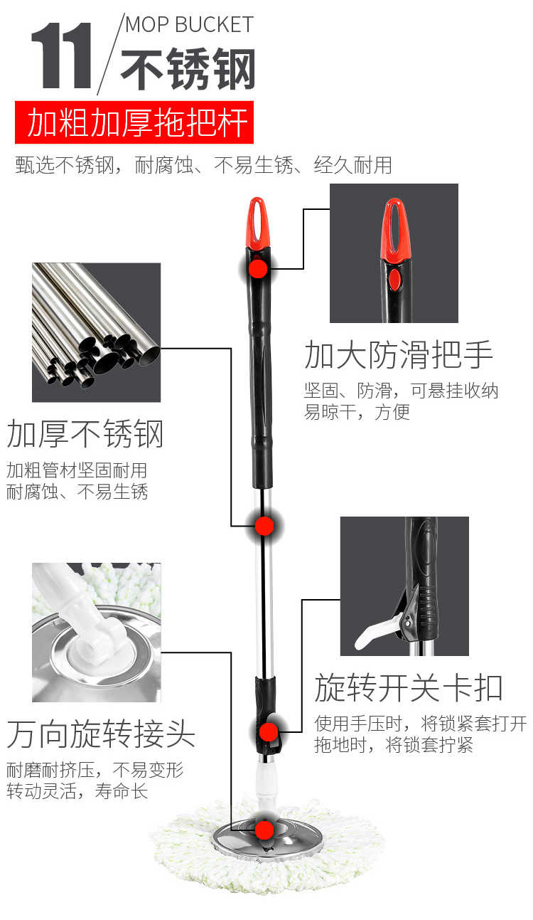 经典黑旋转拖把 送2个原装拖头+钢篮+钢盘