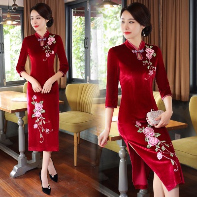 晚礼服裙女旗袍冬裙撑套装女夏金丝绒旗袍裙订婚礼服服女学生肩女结服新娘奶少女短款裙子夏季旗戚薇同款新年儿童连衣裙敬酒服新娘