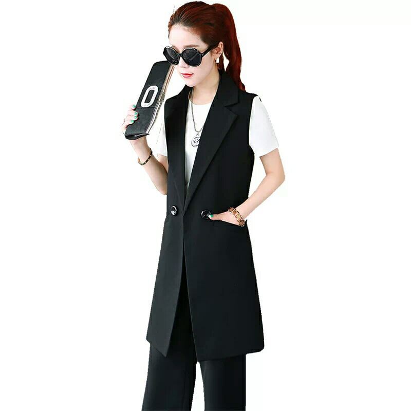 Suit Vest Women  New Spring and Autumn Slim Sleeveless Vest Jacket Jacket Mid-length Fashion Korean Version