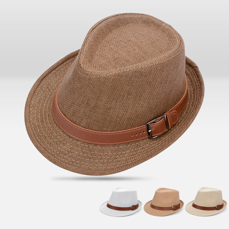 Summer sunshade straw hat outdoor flat brim straw wide brim top hat British fashion beach holiday hat breathable men's and women's belt buckle gentleman's hat