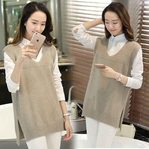 Spring and autumn new solid color V-Neck Sweater Vest women's Korean loose oversized coat medium long sweater