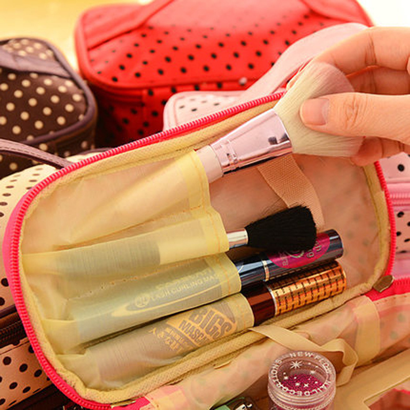 旅行洗漱包女化妆包大容量防水化妆袋化妆品收纳包小圆点双层包包