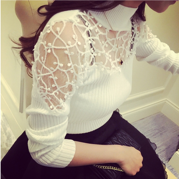 Spring and autumn new style slim sexy hook flower long sleeve T-shirt women's lace small shirt bottom shirt half high collar