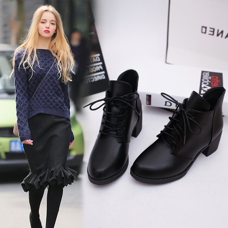 秋冬季女士单鞋高跟马丁靴英伦风裸靴女鞋粗跟短靴潮中跟马丁单靴