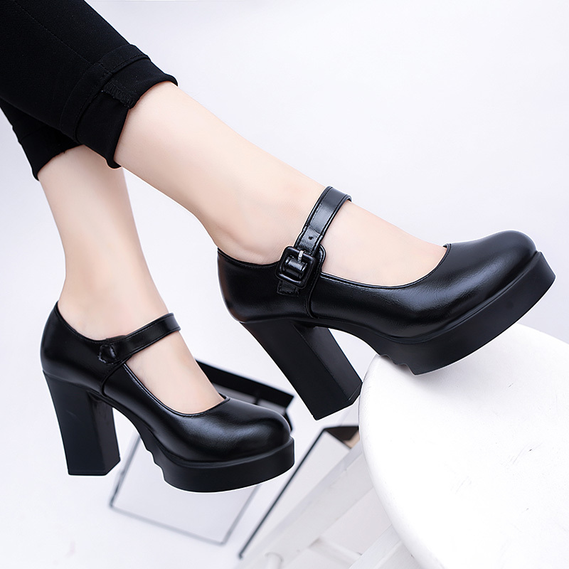 2021 Spring and Autumn One-button Women's Shoes Shallow Mouth Shoes Women's Thick Heel Single Shoes Round Toe Shoes Mid-Heel Four Seasons High-heeled Shoes for Women