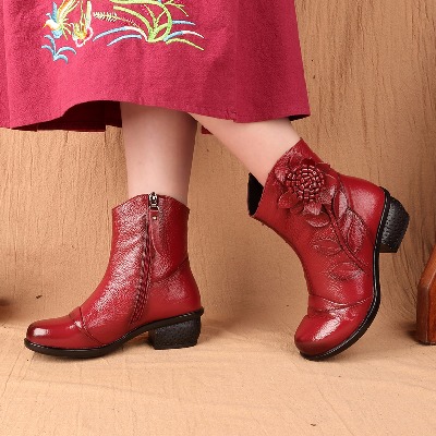 秋冬季民族风女靴真皮靴子中跟粗跟圆头短筒棉靴手工单靴短靴女鞋