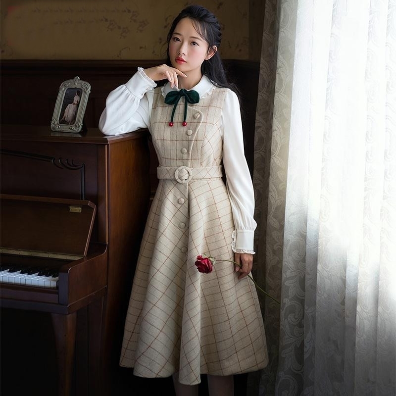 New autumn and winter women's retro vest dress plaid waisted artistic mid-length skirt single piece/set optional