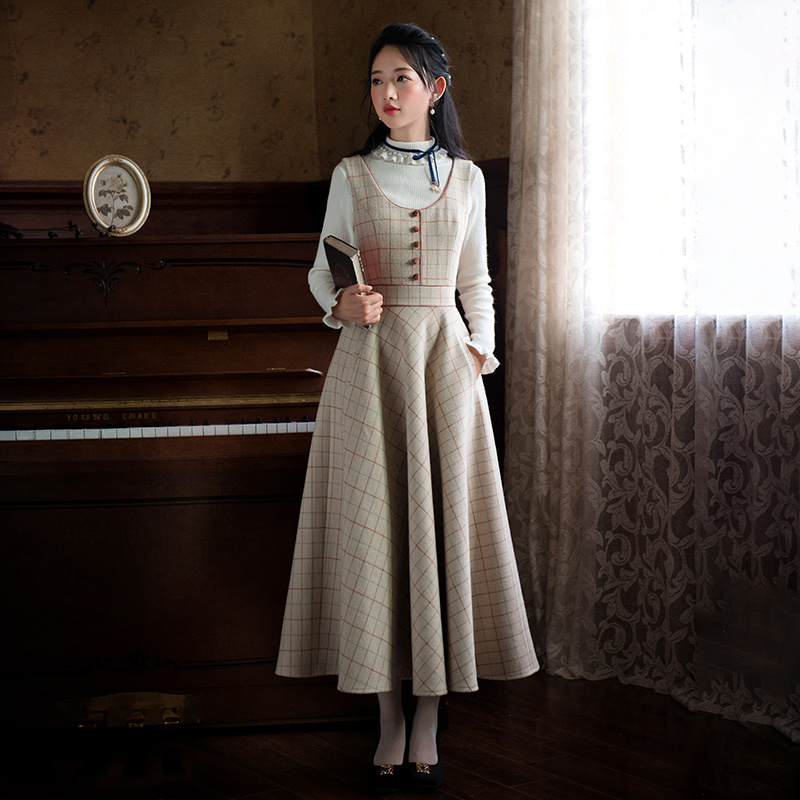 Hua Yudong's new women's retro suspender skirt plaid waist slimming A-line mid-length skirt single piece/set optional