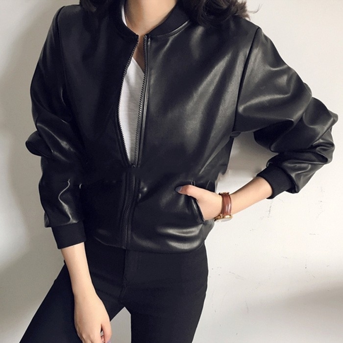 Korean super foreign leather coat women 2020 spring and autumn new short retro standing collar zipper black locomotive jacket