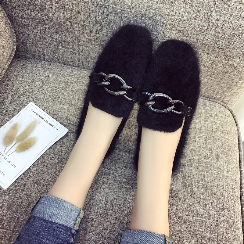2021 plush shoes for women in autumn and winter with square head and flat sole