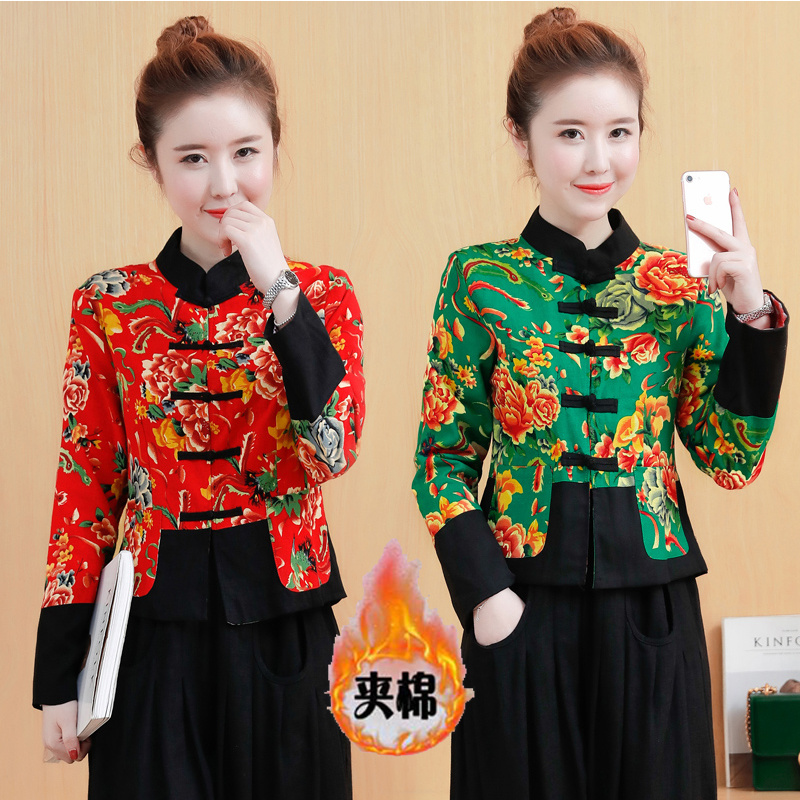[Regular/Add Cotton] Cotton and Linen Printed Stitching Short Jacket Women's Autumn and Winter Ethnic Wind Button Stand Collar Long-sleeved Top