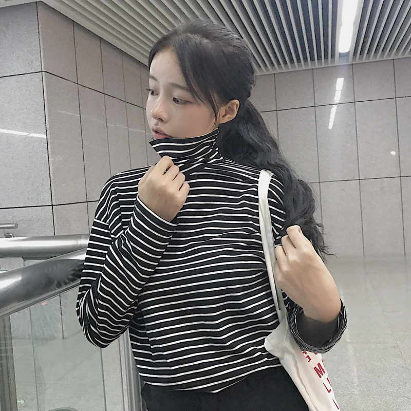 Autumn winter Korean version versatile high collar black and white stripe long sleeve T-shirt for female students