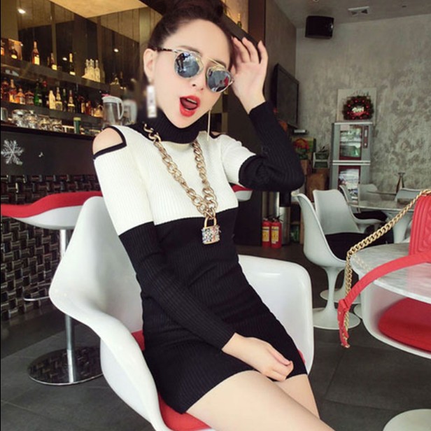 Sexy dress spring and autumn new high neck tight fitting women's slim bottoming skirt long sleeve Hip Wrap short skirt q264
