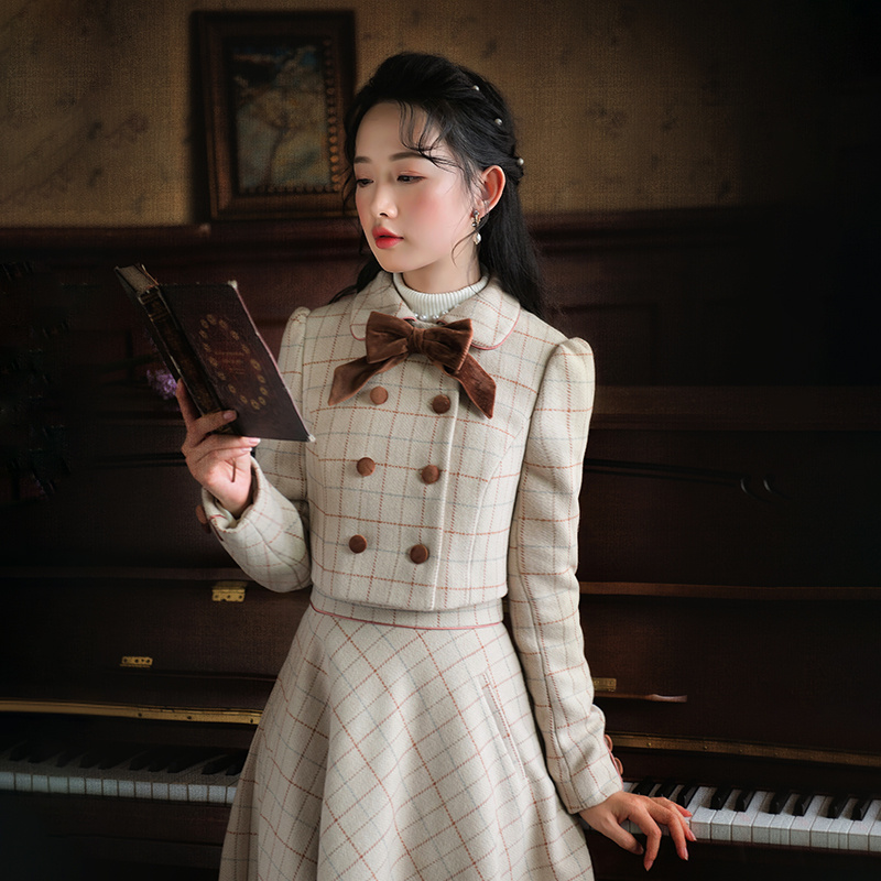 Retro short coat, plaid bow, double-breasted top, waist slimming suspender skirt, single piece/set optional