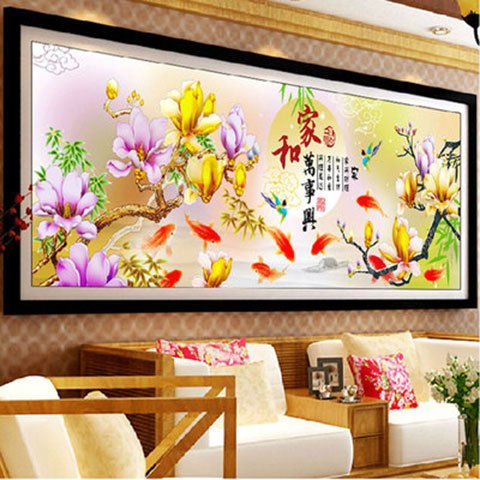 (送小画)印花线绣十字绣新款家和万事兴金色玉兰九鱼图十字绣客厅
