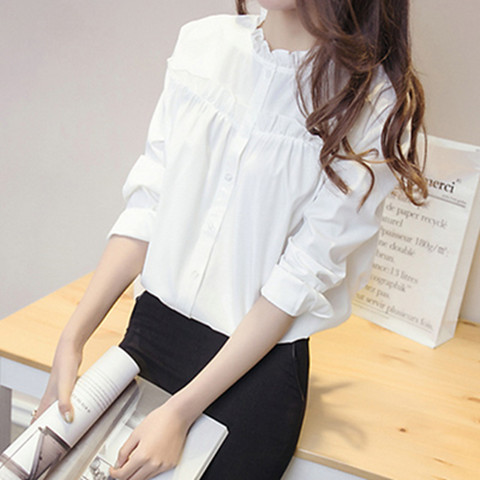 Spring and autumn new long sleeve white shirt women's loose and versatile Korean lace collar large size student's bottom shirt ol casual