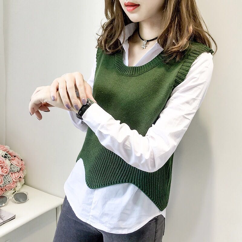 2020 new wave Pullover Sweater waistcoat loose Korean casual sweater waistcoat bottoming shirt female student