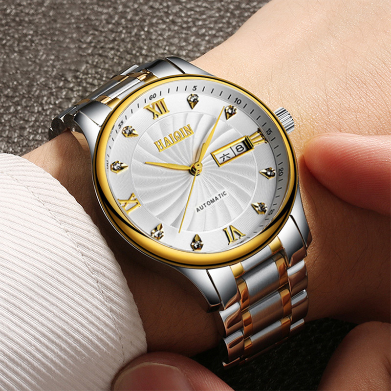 海琴全自动机械表 手表男学生装男士手表镂空防水钢带双日历男表