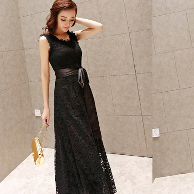 New slim and slim sleeveless lace floor dress elegant temperament long dress Fairy Dress
